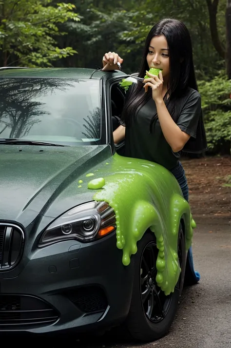 A slime monster eating a car