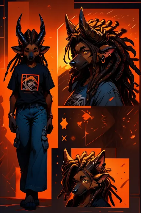 an oc reference sheet for a masculine female german shepherd dog with mullet-like dreadlocks and her dreads over her eyes, piercings, wearing a graphic t-shirt and baggy blue jeans, detailed horns, detailed fur, dramatic lighting, dramatic shadows, vibrant...