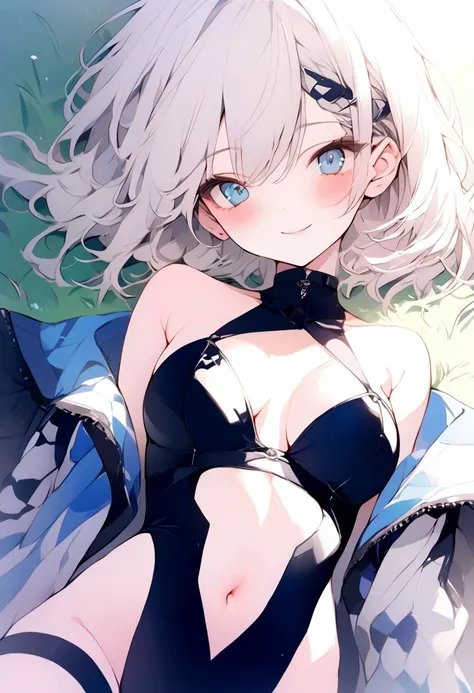 beautiful, masterpiece, Highest quality, anime, One girl, C Cup,Portrait Shot, View your viewers, Intricate details,>,((Covered、Short Hair、nearby、Blue Eyes、art、、White hair,Blue streaked hair、wallpaper、、hairpin、smile、Thighs、navel、Plainer_Race Queen、Plainer_...