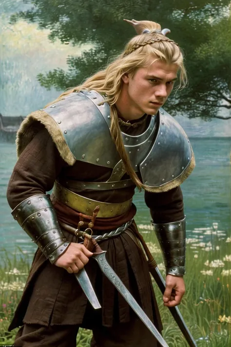 England, 878. close-up of A young ((((18-year-old)) Uhtred)), viking boy, fierce, ((((viking clothings from the 870s)))), ((blonde hairstyle of the 870s)), ((colorful, Monet))