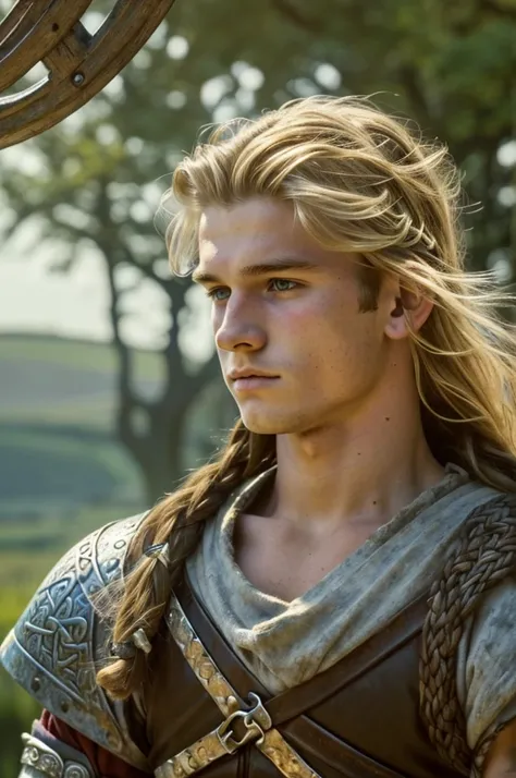 England, 878. close-up of A young ((((18-year-old)) Uhtred)), viking boy, fierce, ((((viking clothings from the 870s)))), ((blonde hairstyle of the 870s)), ((colorful, Monet))