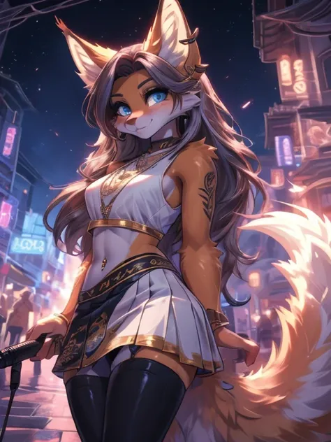 Chica anime,tennage girl 18 years old, anime style, cute kotori date alive, shy girl , Orejas de Kitsune, arte de dark natasha, city landscape, arte de vixen aztra, cuerpo completo, patas hermosas, cintura delgada, caderas amplias, navel white blouse, whit...