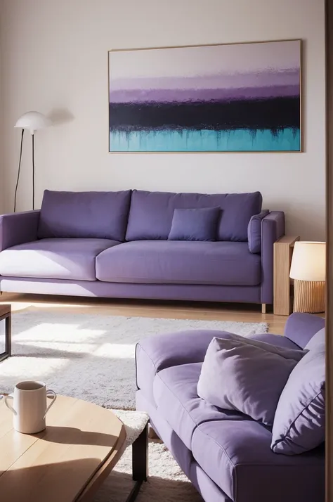 Living room with sofa and painting in horizontal direction, em tinta, with abstract painting that simulates landscape at sunset, in shades of lilac, azul, branco e laranja