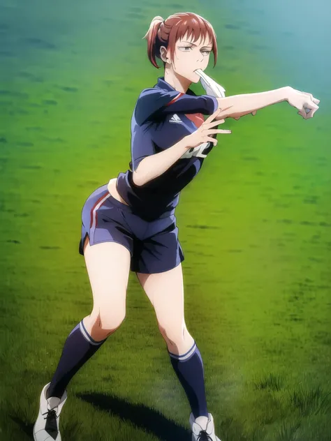 (Masterpiece, Best Quality), 1girl, beautiful face, red hair tied with hair tie in mouth, hands behind head, wearing France 2024 soccer uniform, playing in the middle of the field during Eurocup, full body, large thighs, sweaty