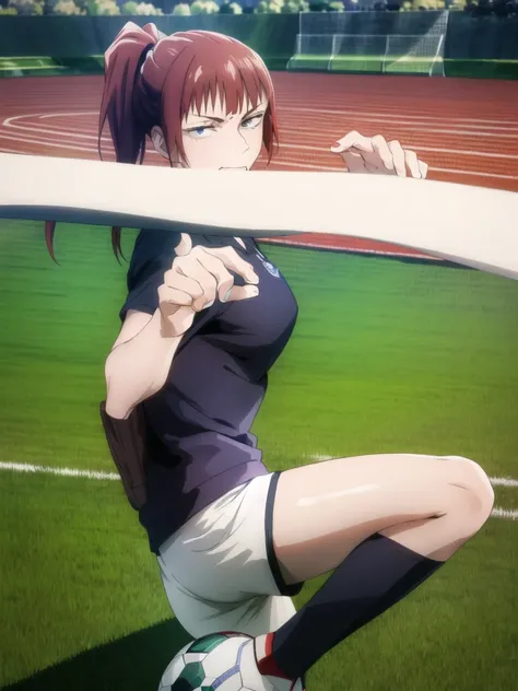 (Masterpiece, Best Quality), 1girl, beautiful face, red hair tied with hair tie in mouth, hands behind head, wearing France 2024 soccer uniform, playing in the middle of the field during Eurocup, full body, large thighs, sweaty