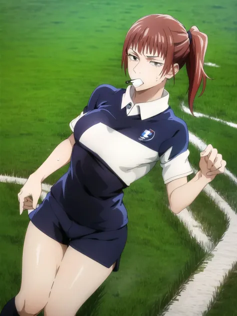 (Masterpiece, Best Quality), 1girl, beautiful face, red hair tied with hair tie in mouth, hands behind head, wearing France 2024 soccer uniform, playing in the middle of the field during Eurocup, full body, large thighs, sweaty