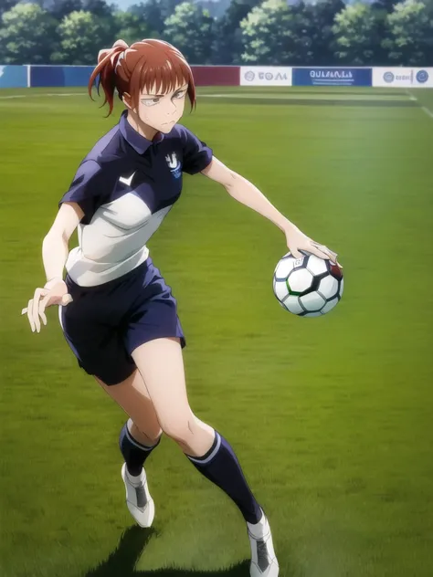 (Masterpiece, Best Quality), 1girl, beautiful face, red hair tied with hair tie in mouth, hands behind head, wearing France 2024 soccer uniform, playing in the middle of the field during Eurocup, full body, large thighs, sweaty