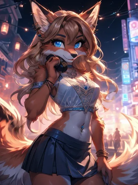 Chica anime,tennage girl 18 years old, anime style, foxy girl, blue body, anthropomorphic shy girl , Orejas de Kitsune, arte de dark natasha, city landscape, arte de vixen aztra, cuerpo completo, patas hermosas, cintura delgada, caderas amplias, navel whit...