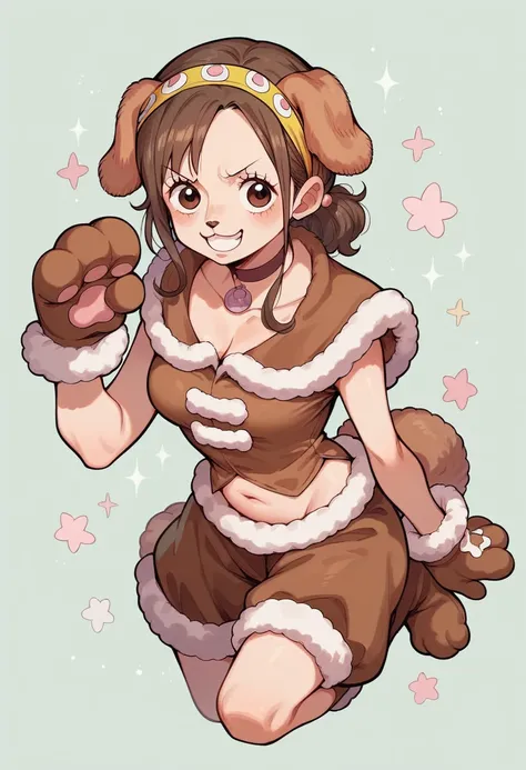 (Inuyama Aoi),(Highest quality),(Dog ears headband),(Brown dog ears),(drooping ears),(Wonder Puppy Cosplay),(choker),(one piece),(Fluffy clothes),(Brown costume),(Show your belly),(Paw Ball Gloves),(Brown gloves),(Brown cufflinks),(Fluffy cuffs),(Fur leg w...