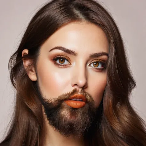 bearded bearded woman, brown hair, amber eyes, kiss grimace