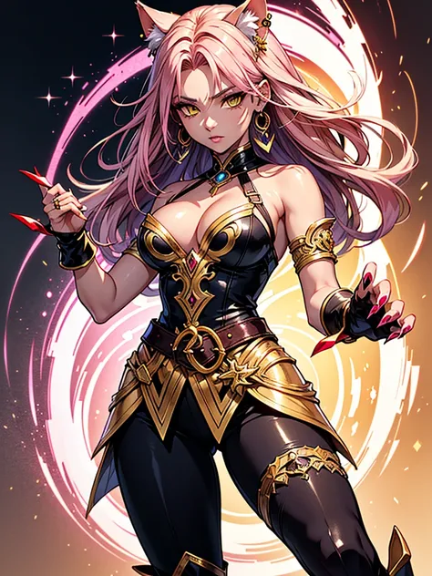 There is lost coliseum there stand female lionessin battle stance, she have ebony colour skin beautiful yellow cat eyes dark gold eyeshadows make up, ring style earrings, her hair is purple with pink highlights . she dressed in white neather topic with gol...