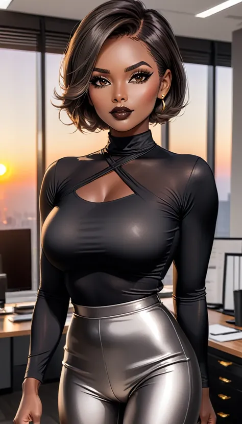 Beautiful woman with short straight brown hair with black eyes wearing a Black Gym Tight Leggings, a Grey Sexy Criss Cross Mock Neck Mid Sleeves Blouse, luxurious jewelry, 18k gold wedding ring on left hand, standing in an office room at sunset wearing a l...