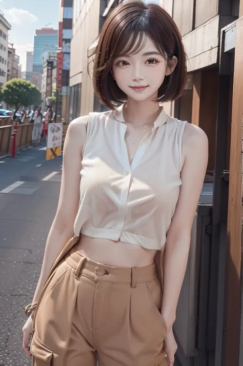 photo realistic, photo realistic, 1woman, idol, short hair, bob cut, brown hair, building rooftop, yakiniku, barbecue, feminine casual, sleeveless blouse, ivory cargo pants look, look here, smile