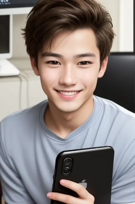  face Happy young man with wide eyes in front of the computer and with cell phone in his hand.