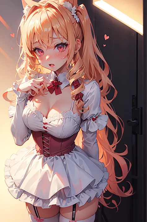 Medium chest,Sexy pretty girl, blonde hair, pastel red eyes,curly hair,dog ear, heart,ribbon,white garter belt, fellatio gesture,steam,girl trembling with sexual climaxmore,Front-facing,