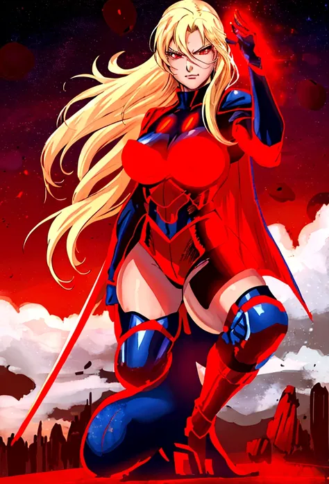 nijistyle, Cowboy shot of beautiful woman in Superman costume, Long Blonde Hair, Heroic, Glowing red eyes, laser eyes, Cape, Particle, skyporn, Red skirt, Red boots, Sexy Pose, large udder, nigh sky, Countless stars, Raise one hand, flying pose,