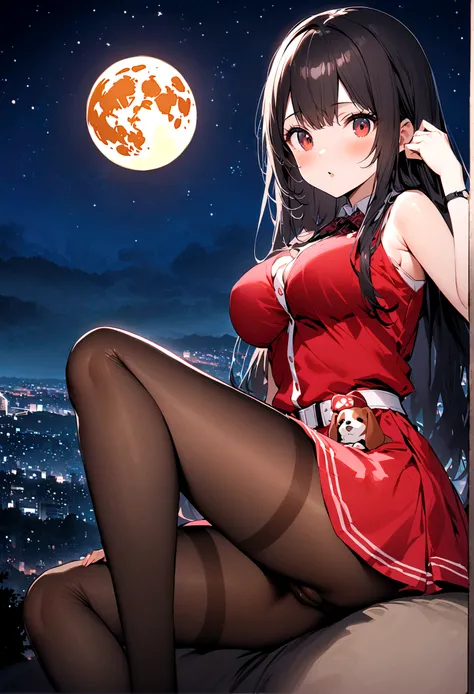 Dog 1、Woman 1、Red miniature dachshund、Red miniature dachshund long hair、dog&#39;color is red、woman with very long black hair、Busty women、Spectacular views、Night Scene、The view from the top of the hill、Full moon night sky、swirling starry sky、８K、Best Quality...