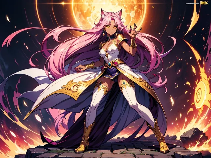 There is lost coliseum there stand female lionessin battle stance, she have ebony colour skin beautiful yellow cat eyes dark gold eyeshadows make up, ring style earrings, her hair is purple with pink highlights . she dressed in white neather topic with gol...