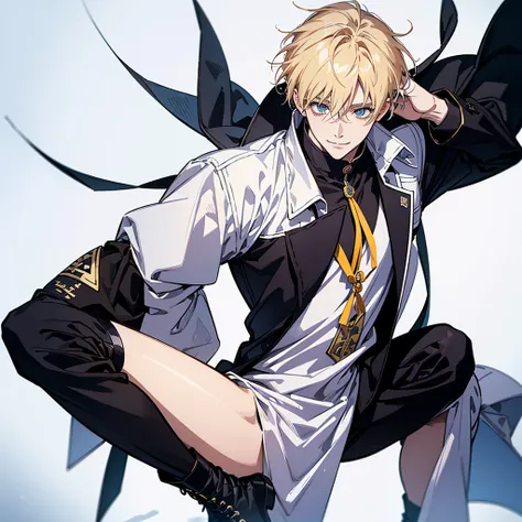 A full-body illustration of a handsome man looking at you and smiling。boots,visual kei,onii kei、Delicate Drawing、Blonde、acrylic、Thick Coating、Color Sketch、in the style of bold line,White background。A suitable background --s 70
