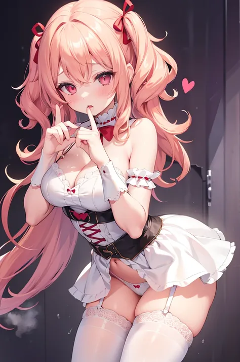 Medium chest,Sexy pretty girl, blonde hair, pastel red eyes,curly hair,dog ear, heart,ribbon,white garter belt, fellatio gesture,steam,girl trembling with sexual climaxmore,Front-facing,