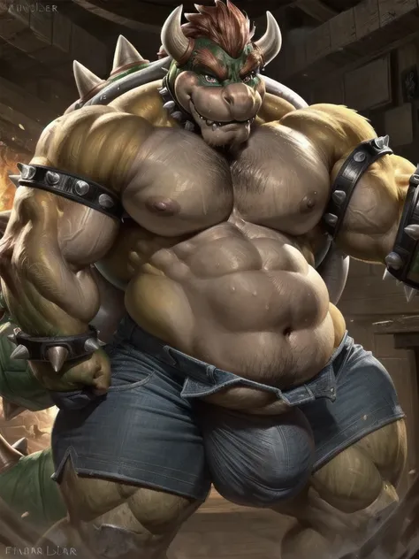 NSFW, masterpiece, best quality, 4k, ultra highres, raw photo in hdr, sharp focus, photo realism, Inside, Bowser, detailed background, (open pants), sweaty, (by taran fiddler), solo focus, large body, anthro, ((((Bowser, male, barazoku, muscular, perfect e...