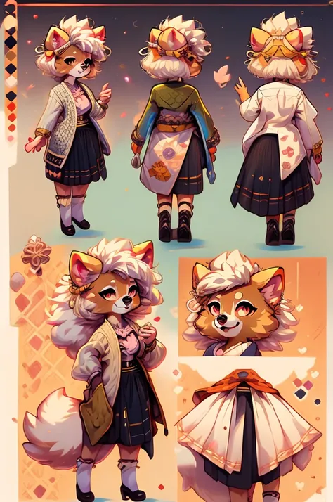 an oc reference sheet for a female pomeranian with white afro-like hair, accessories, lolita-like clothing style, wearing a cardigan and a skirt, detailed fur, fitting cinematic colorgrade, vibrant colors, pastel color palette, multiple views.