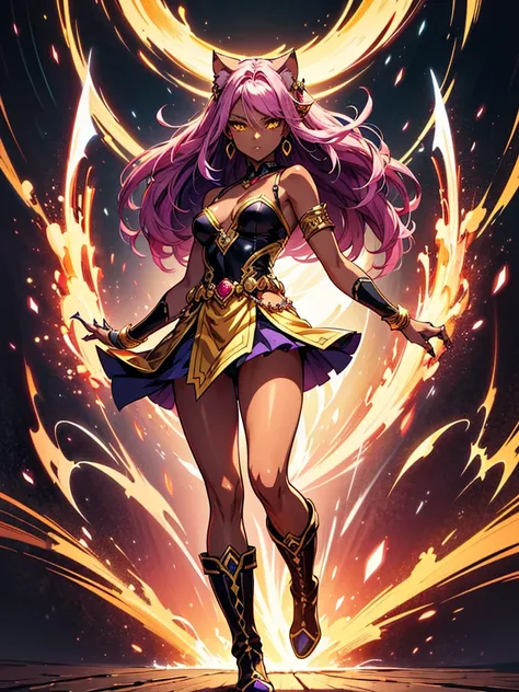 There is lost coliseum there stand female lionessin battle stance, she have ebony colour skin beautiful yellow cat eyes dark gold eyeshadows make up, ring style earrings, her hair is purple with pink highlights . she dressed in white neather topic with gol...