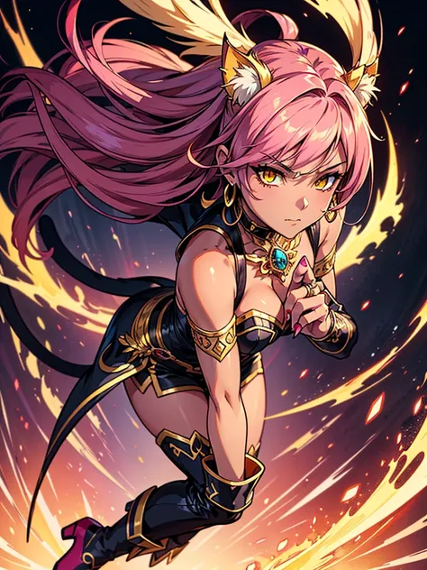 There is lost coliseum there stand female lionessin battle stance, she have ebony colour skin beautiful yellow cat eyes dark gold eyeshadows make up, ring style earrings, her hair is purple with pink highlights . she dressed in white neather topic with gol...