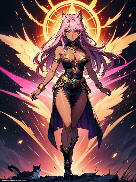 There is lost coliseum there stand female lionessin battle stance, she have ebony colour skin beautiful yellow cat eyes dark gold eyeshadows make up, ring style earrings, her hair is purple with pink highlights . she dressed in white neather topic with gol...