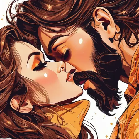 bearded bearded woman, brown hair, amber eyes, kiss into space, facing the viewer