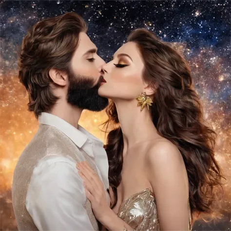 bearded bearded woman, brown hair, amber eyes, kiss into space, facing the viewer