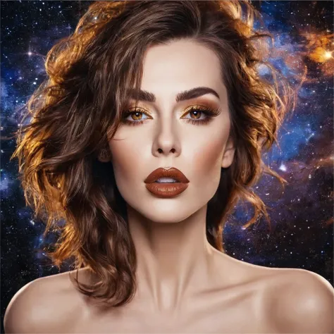 bearded bearded woman, brown hair, amber eyes, kiss into space, facing the viewer