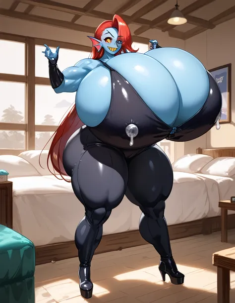 , score_9,score_8_up,score_7_up, undyne from undertale, standing, indoors huge overfilled breast_implant, huge keep_inflating_Extrem_like a blimp, filling her up more plump , large Breast Augmentation Implants breast expander fill up, extremely huge inflat...