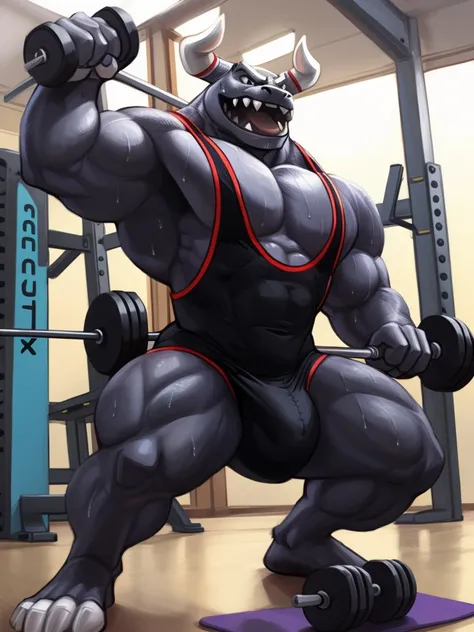 by braeburned,digital painting,extreme detail,by dangpa,by takemoto arashi,by honovy,by blotch,by mindkog, BREAK (dragaux) is excercising in his local gym. he is wearing a wrestling singlet, dumbbell|holding object, bicep curl, open mouth, muscular, sweaty...