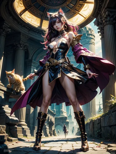 There is lost coliseum there stand female lionessin battle stance, she have ebony colour skin beautiful yellow cat eyes dark gold eyeshadows make up, ring style earrings, her hair is purple with pink highlights . she dressed in white neather topic with gol...