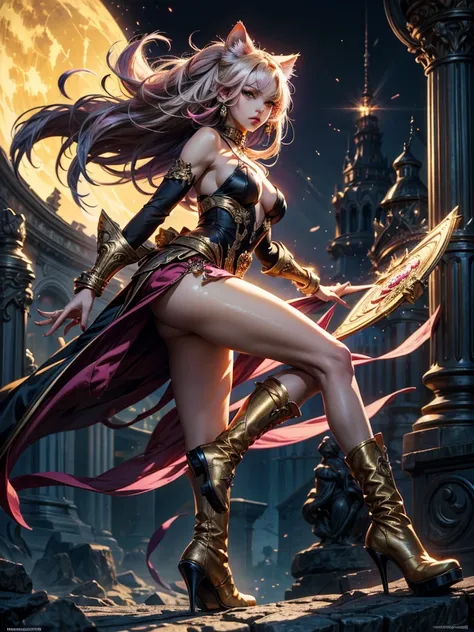 There is lost coliseum there stand female lionessin battle stance, she have ebony colour skin beautiful yellow cat eyes dark gold eyeshadows make up, ring style earrings, her hair is purple with pink highlights . she dressed in white neather topic with gol...