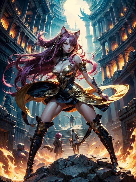 There is lost coliseum there stand female lionessin battle stance, she have ebony colour skin beautiful yellow cat eyes dark gold eyeshadows make up, ring style earrings, her hair is purple with pink highlights . she dressed in white neather topic with gol...