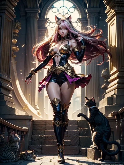 There is lost coliseum there stand female lionessin battle stance, she have ebony colour skin beautiful yellow cat eyes dark gold eyeshadows make up, ring style earrings, her hair is purple with pink highlights . she dressed in white neather topic with gol...