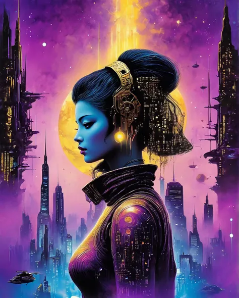 bladerunner filmposter：1 Lady, Starry sky and zodiac signs, Purple hues like nebulae, Vast space, city at the bottom of cyber punk personage, ( Background with:black and yellow Background with1.4), (RHAD:1.2), (artistic décor:1.4), (Retro-Future:1.4), (max...