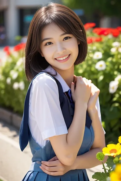 (((full bodyesbian)))、((Girls High School Uniforms))、((１a person))、short ponytail hair、short bob hair、Close to the subject、((a school flower beds)))、(((ssmile)))、(((Girls High School)))、((a beauty girl))、((sexy  pose))、Photorealsitic、Beautiful detailed fac...