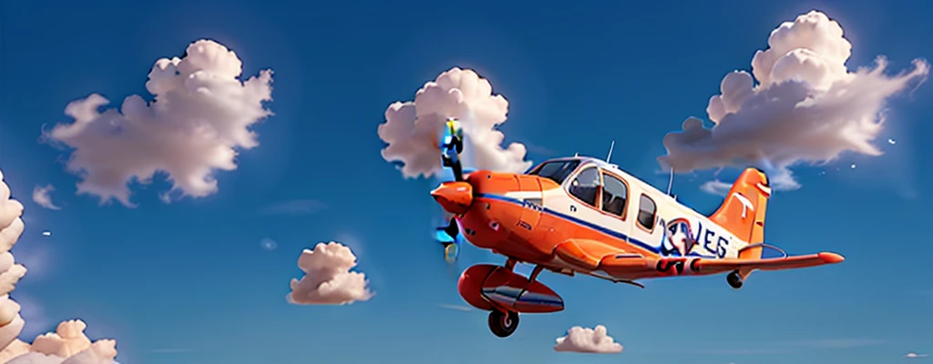 Lateral view of a small Airplane flying on a blue sky with some cartoon cloud