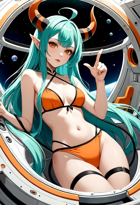 score_9, score_8_up, score_7_up,1 daemon woman, straight demon horns, (black horns),(upward-pointing horns) , vertical horns, black demon tail, (aquamarine hair),aquamarine green color hair,ahoge, long hair, (long hair),bangs, light orange bikini,bikini is...