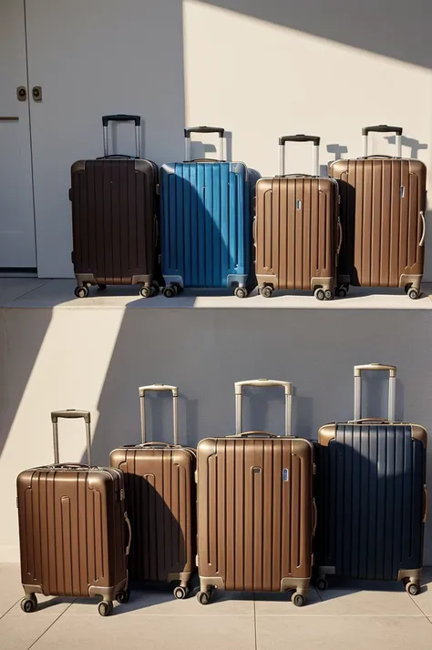 an arrangement of six suitcase in descending size order left to right, drawing shades and shadow to accentunate the diminishing size, with light falling from the top left. 