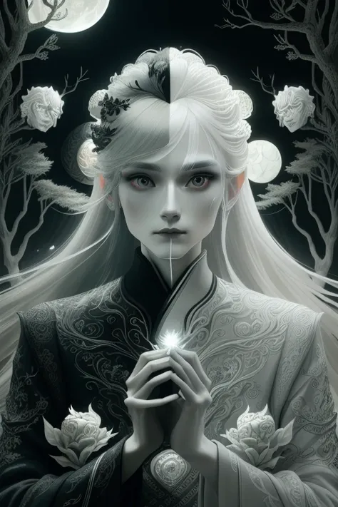 A Russian girl in her early 20s with ash grey hair, in a mythical forest, masterpiece, perfect face, intricate details, horror theme wabstyle, glowing, two-tone hair, fog, mist, white, black, split theme, two-tone, sun, moon,