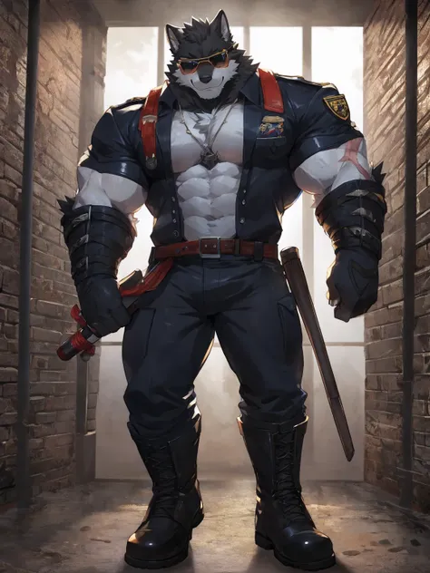 embedding:black wolf, male,Black sunglasses,Scar on the face, scar on the body,Single person,Prison guard,Wardens uniform,Leather boots，Prison scenes,With a baton in hand.The highest quality of scene detail,adult,Tall and powerful,muscle，Best quality hands...