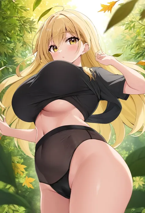 a tall, blonde girl with big breasts, wearing her black panties. a short shirt that leaves her abdomen free, the shirt is white. anime style