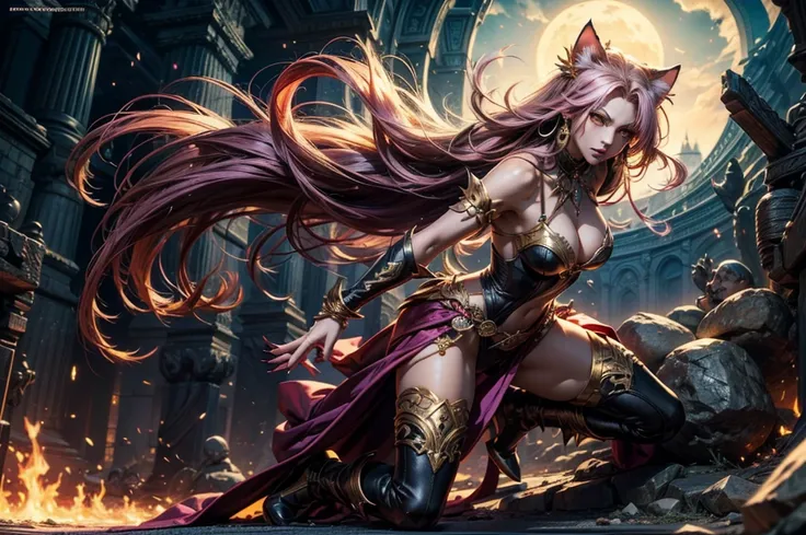 There is lost coliseum there stand female lionessin battle stance, she have ebony colour skin beautiful yellow cat eyes dark gold eyeshadows make up, ring style earrings, her hair is purple with pink highlights . she dressed in white neather topic with gol...