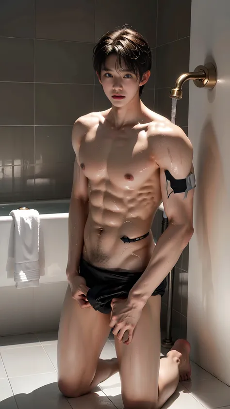 masterpiece,best quality, (A 16-year-old tall boy:1.2), (Kneeling in the bathroom taking a bath:1.2),（White swimming boxer briefs）, whole body,Extremely strong body，Attractive and fit body，Inverted triangle figure，Broad shoulder muscles，Biceps，Highlight mu...