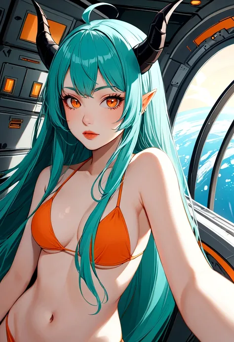 score_9, score_8_up, score_7_up,1 daemon woman, straight demon horns, (black horns),(upward-pointing horns) , vertical horns, black demon tail, (aquamarine hair),aquamarine green color hair,ahoge, long hair, (long hair),bangs, light orange bikini,bikini is...