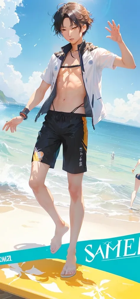 动漫男孩站On the beach的冲浪板上，People in the background, from, Fine details, standing At the beach上, Smooth anime CG art, At the beach上, At the beach, On the beach, Cool anime poses, Inspired by Border Guardians, Artwork in the style of Guweiz, Heat and sun very d...